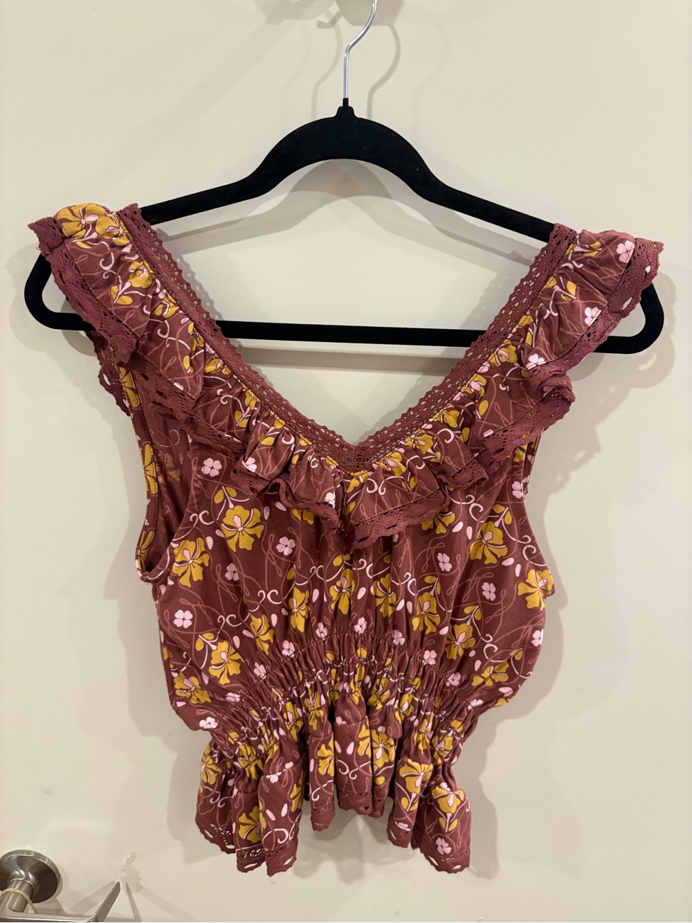 Kimchi Blue Burgundy Floral Ruffle Sleeveless Top